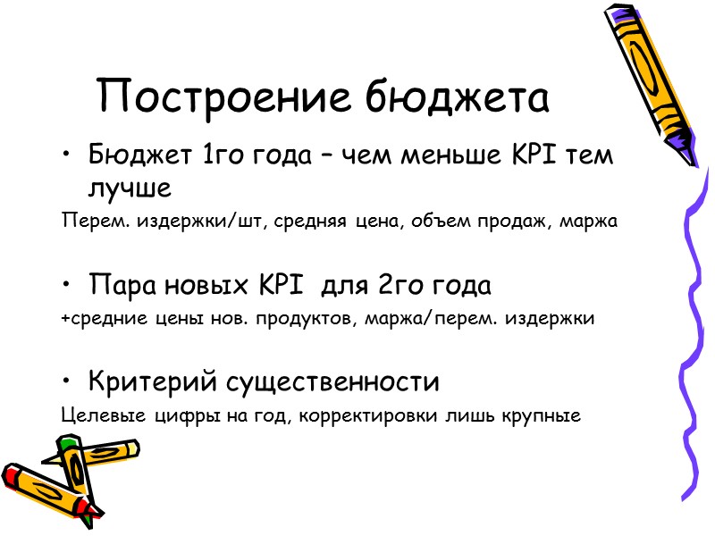 Построение бюджета Бюджет 1го года – чем меньше KPI тем лучше Перем. издержки/шт, средняя